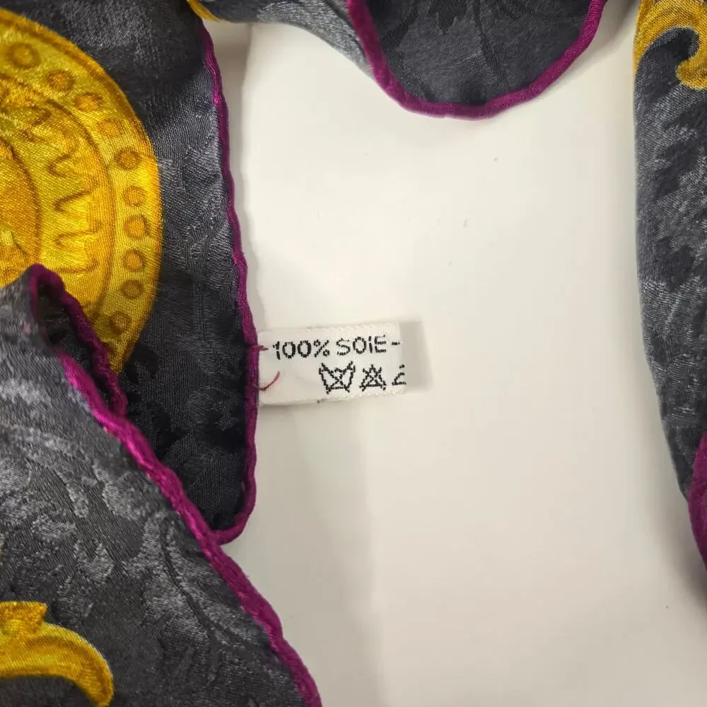 Vintage Luc Benoit Baroque Silk Scarf Gold Medallion Ornate Damask Square 33x33